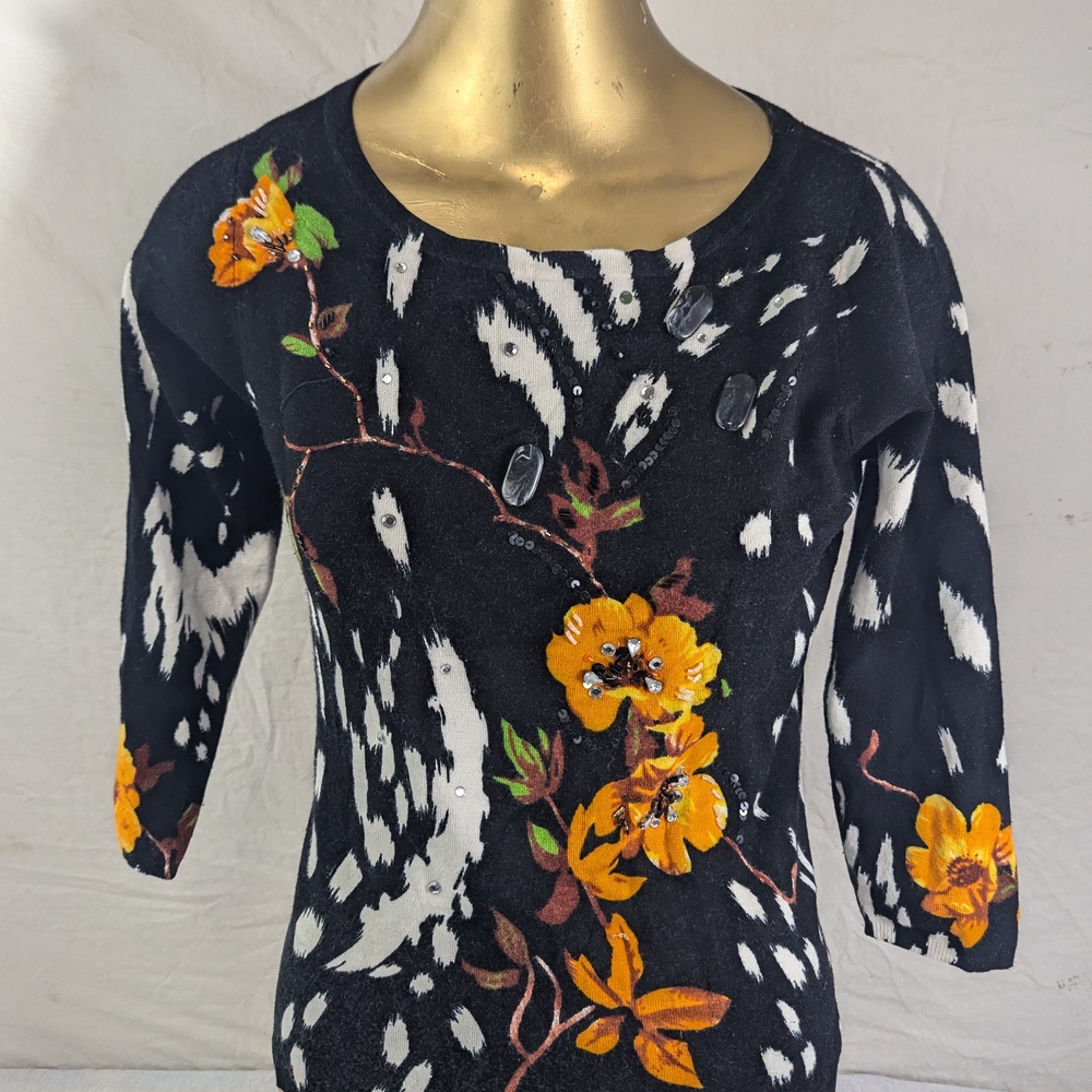 Elizabeth Floral Black and Orange Women's Sweater With Embellishments Medium